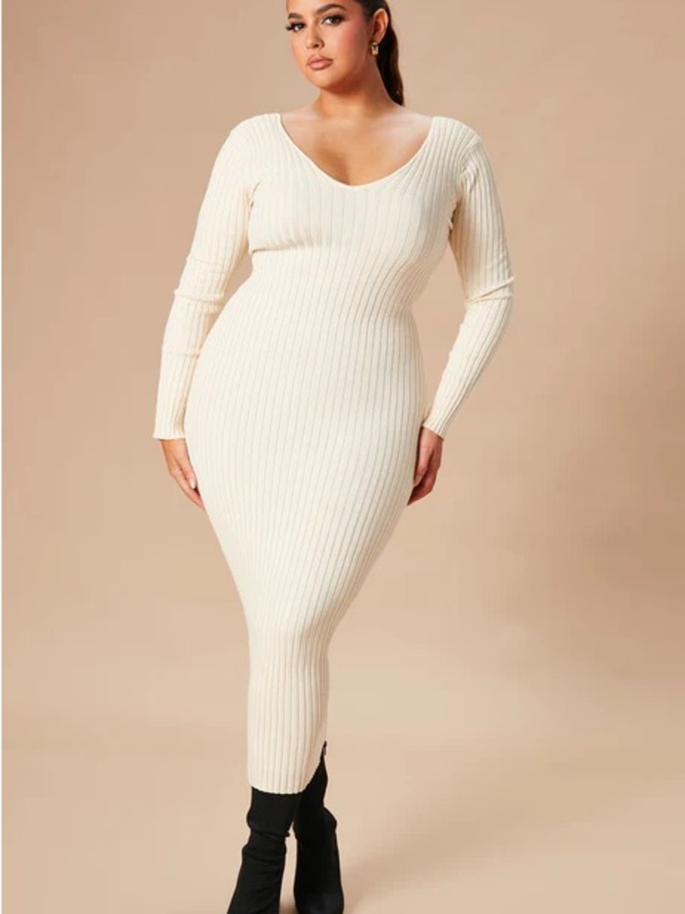 Women’s Cream Ribbed Long Sleeve Dress